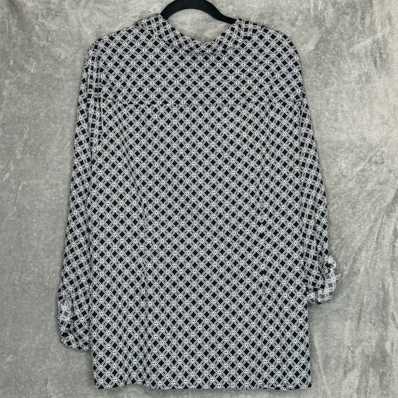 Notations 3X Shirt Top Black Geometric Button Up Tab Long Sleeve V Neck Stretch - Picture 5 of 8